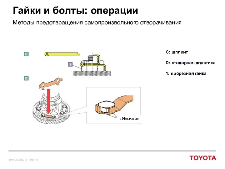 Гайки и болты: операции Методы предотвращения самопроизвольного отворачивания C: шплинт D: стопорная