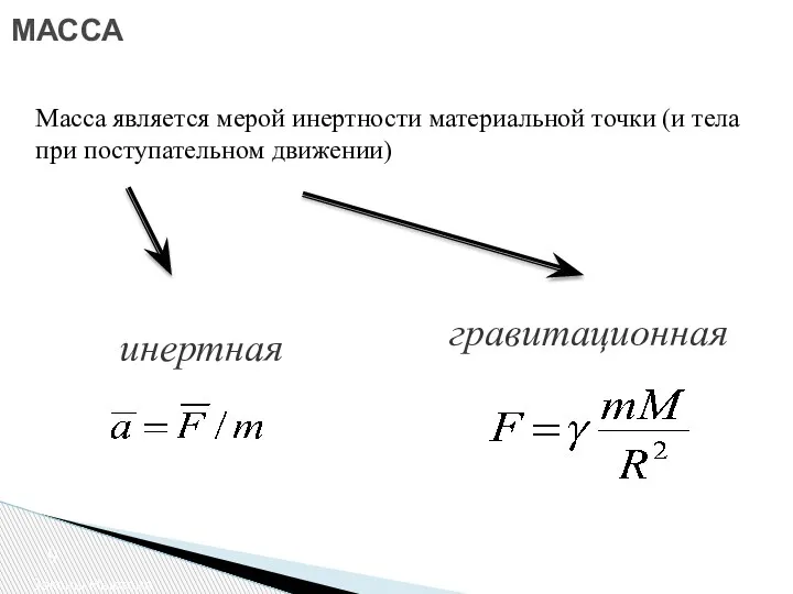 МАССА Законы Ньютона Масса является мерой инертности материальной точки (и тела при поступательном движении) инертная гравитационная