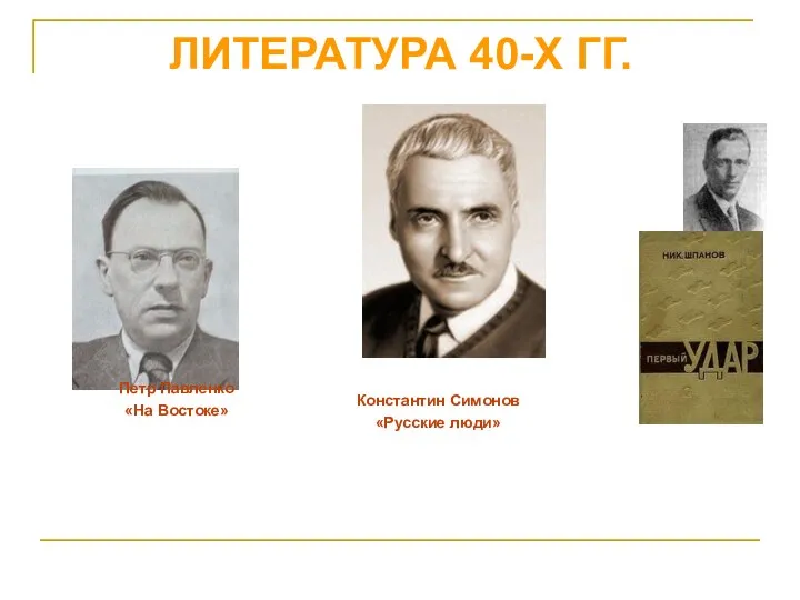 ЛИТЕРАТУРА 40-Х ГГ. Петр Павленко «На Востоке» Константин Симонов «Русские люди»