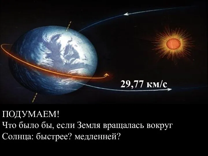 ПОДУМАЕМ! Что было бы, если Земля вращалась вокруг Солнца: быстрее? медленней? 29,77 км/с