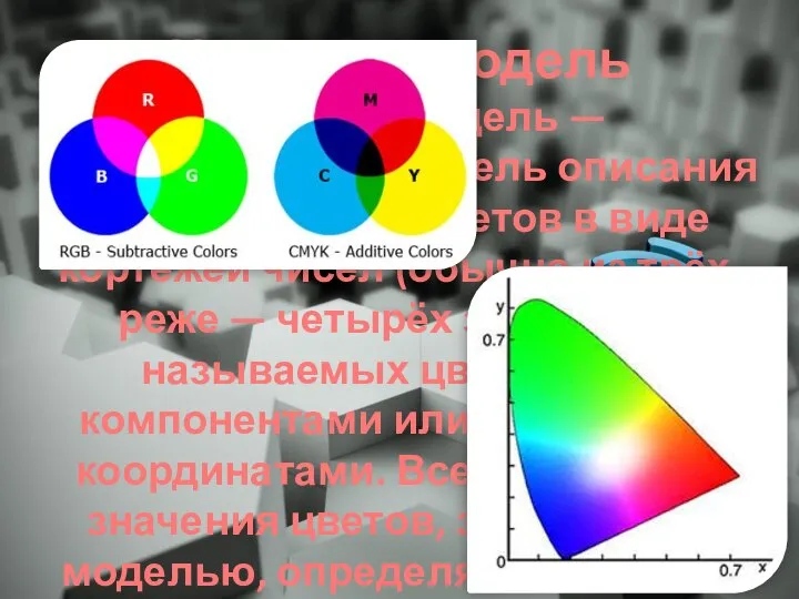 Цветовая модель Цветовая модель — математическая модель описания представления цветов в виде
