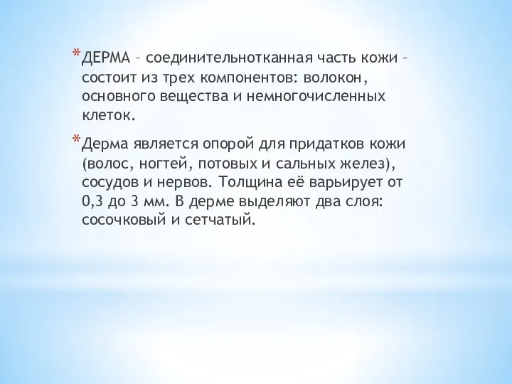 ДЕРМА – соединительнотканная часть кожи – состоит из трех компонентов: волокон, основного