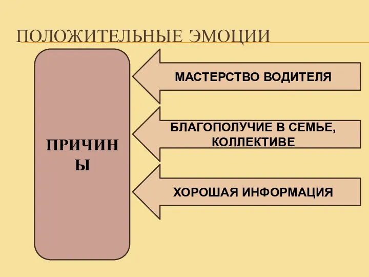 ПОЛОЖИТЕЛЬНЫЕ ЭМОЦИИ МАСТЕРСТВО ВОДИТЕЛЯ БЛАГОПОЛУЧИЕ В СЕМЬЕ, КОЛЛЕКТИВЕ ХОРОШАЯ ИНФОРМАЦИЯ ПРИЧИНЫ