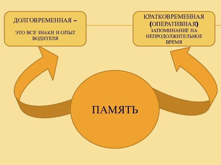 ДОЛГОВРЕМЕННАЯ – ЭТО ВСЕ ЗНАКИ И ОПЫТ ВОДИТЕЛЯ КРАТКОВРЕМЕННАЯ (ОПЕРАТИВНАЯ) ЗАПОМИНАНИЕ НА НЕПРОДОЛЖИТЕЛЬНОЕ ВРЕМЯ ПАМЯТЬ