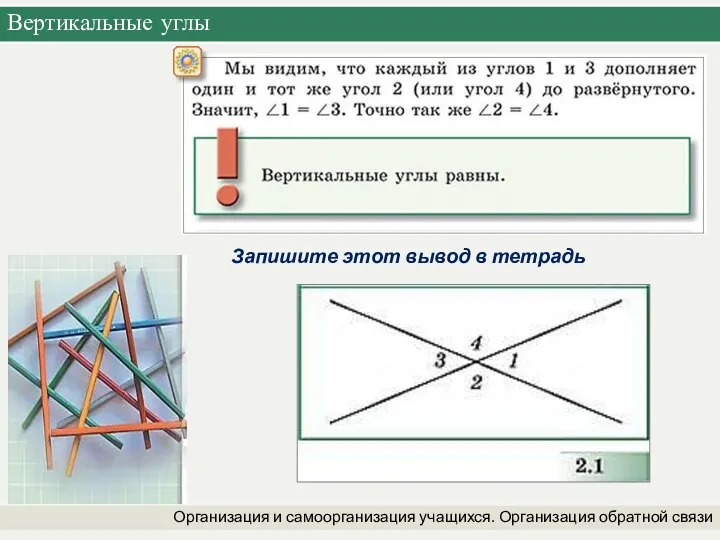 Вертикальные углы Организация и самоорганизация учащихся. Организация обратной связи Запишите этот вывод в тетрадь