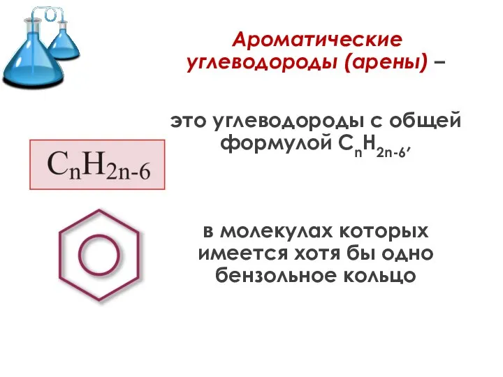 Ароматические углеводороды (арены) – это углеводороды с общей формулой СnH2n-6, в молекулах