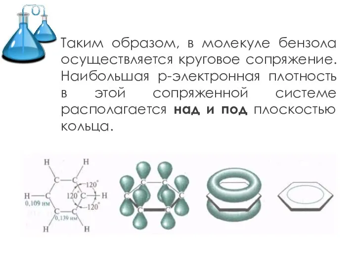 Таким образом, в молекуле бензола осуществляется круговое сопряжение. Наибольшая р-электронная плотность в