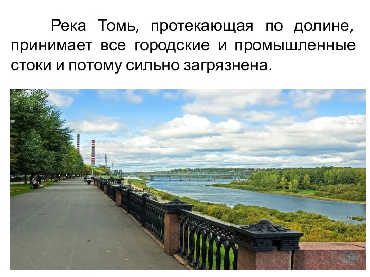 Река Томь, протекающая по долине, принимает все городские и промышленные стоки и потому сильно загрязнена.