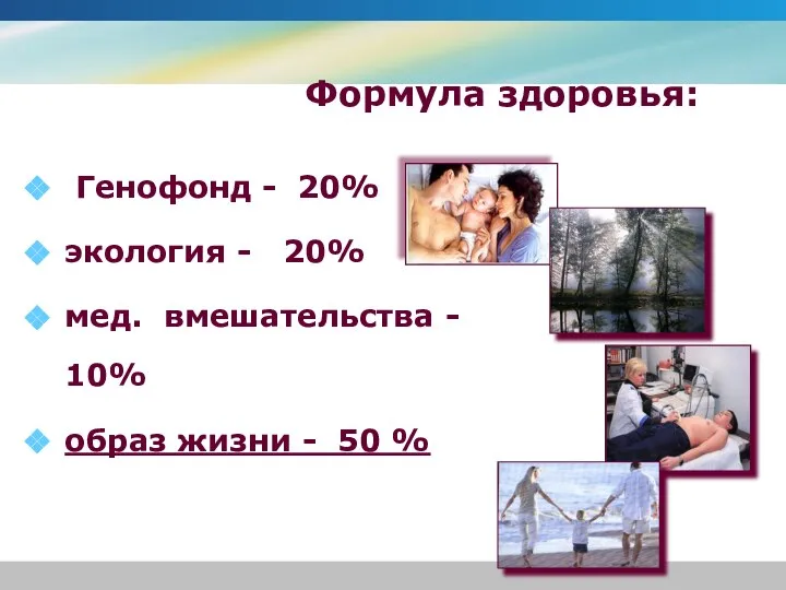 Формула здоровья: Генофонд - 20% экология - 20% мед. вмешательства - 10%