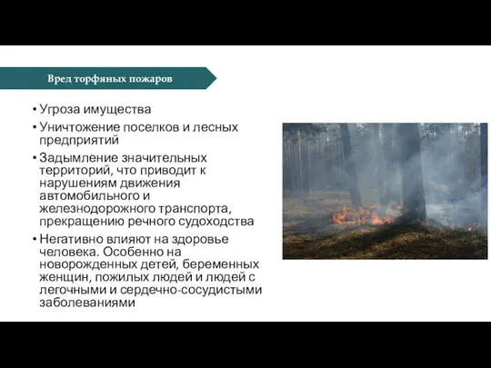 Вред торфяных пожаров Угроза имущества Уничтожение поселков и лесных предприятий Задымление значительных