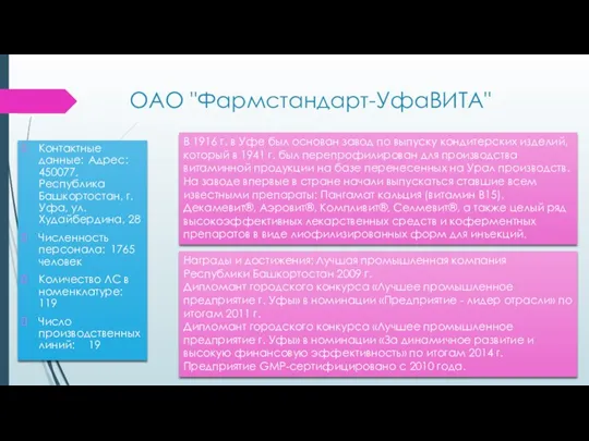 ОАО "Фармстандарт-УфаВИТА" Контактные данные: Адрес: 450077, Республика Башкортостан, г. Уфа, ул. Худайбердина,