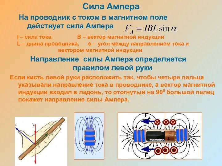 На проводник с током в магнитном поле действует сила Ампера I –