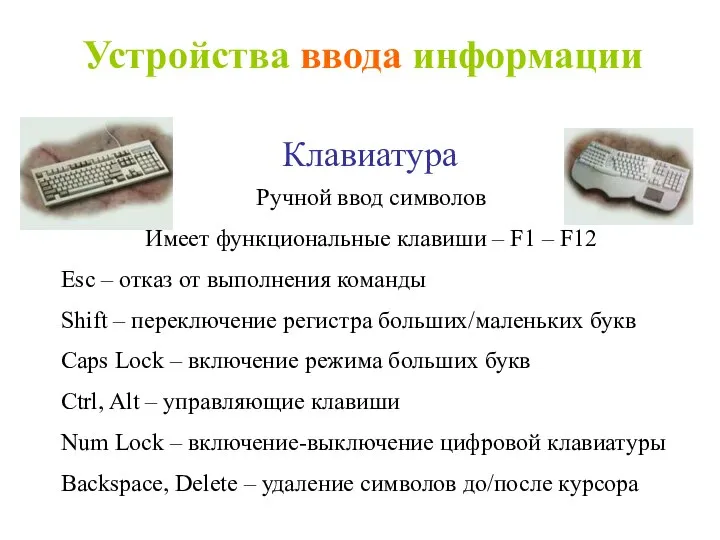Устройства ввода информации Клавиатура Ручной ввод символов Имеет функциональные клавиши – F1