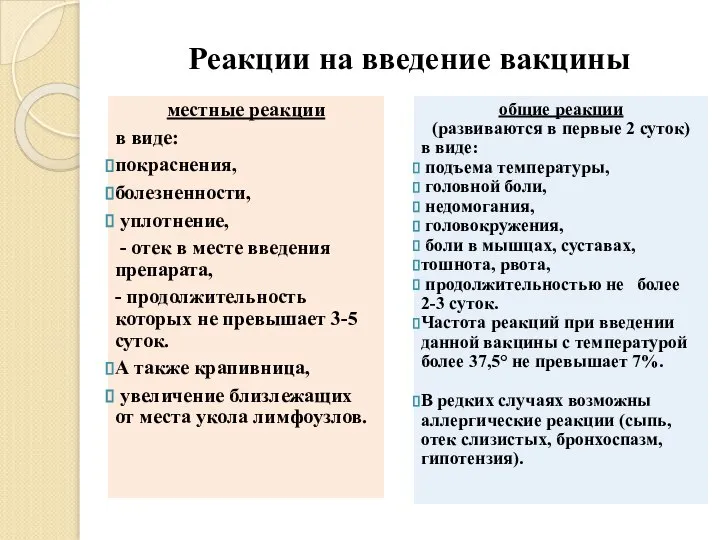 Реакции на введение вакцины местные реакции в виде: покраснения, болезненности, уплотнение, -