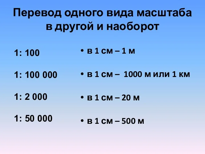 Перевод одного вида масштаба в другой и наоборот 1: 100 1: 100