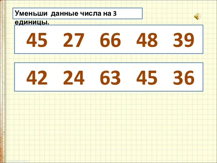 45 27 66 48 39 Уменьши данные числа на 3 единицы. 42 24 63 45 36