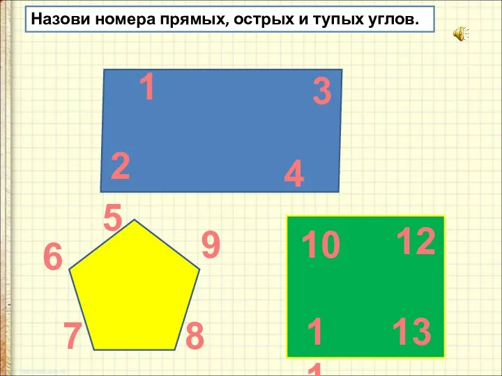 Назови номера прямых, острых и тупых углов. 1 2 3 4 5