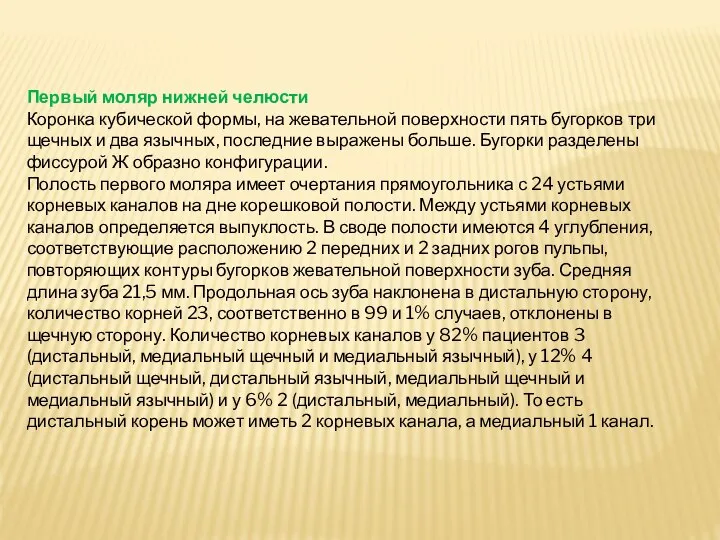 Первый моляр нижней челюсти Коронка кубической формы, на жевательной поверхности пять бугорков