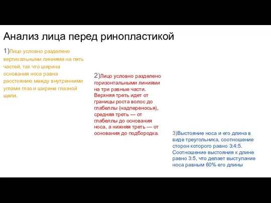 Анализ лица перед ринопластикой 1)Лицо условно разделено вертикальными линиями на пять частей,