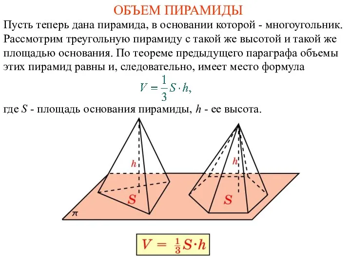 ОБЪЕМ ПИРАМИДЫ Пусть теперь дана пирамида, в основании которой - многоугольник. Рассмотрим
