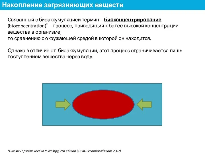 Связанный с биоаккумуляцией термин – биоконцентрирование (bioconcentration)* – процесс, приводящий к более