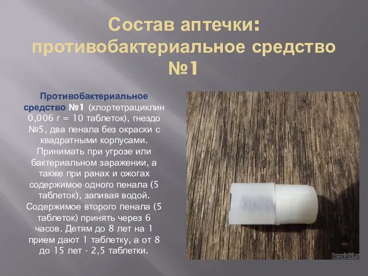 Состав аптечки: противобактериальное средство №1 Противобактериальное средство №1 (хлортетрациклин 0,006 г =