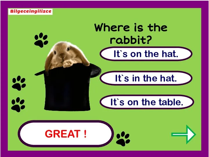 GREAT ! It`s on the hat. It`s on the table. It`s in