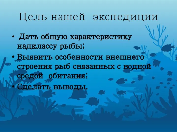 Цель нашей экспедиции Дать общую характеристику надклассу рыбы; Выявить особенности внешнего строения