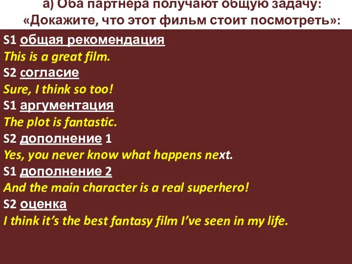 а) Оба партнёра получают общую задачу: «Докажите, что этот фильм стоит посмотреть»: