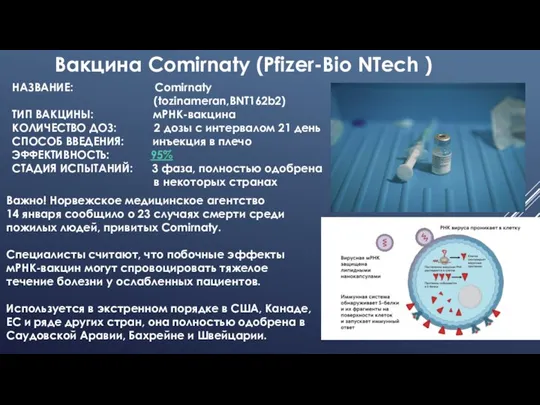 НАЗВАНИЕ: Comirnaty (tozinameran,BNT162b2) ТИП ВАКЦИНЫ: мРНК-вакцина КОЛИЧЕСТВО ДОЗ: 2 дозы с интервалом