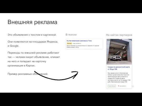 На сайтах партнеров Внешняя реклама Это объявления с текстом и картинкой. Они