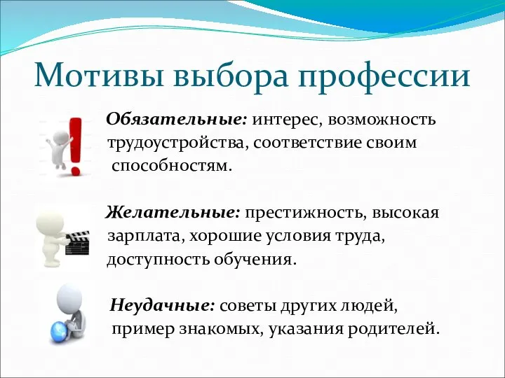 Мотивы выбора профессии Обязательные: интерес, возможность трудоустройства, соответствие своим способностям. Желательные: престижность,