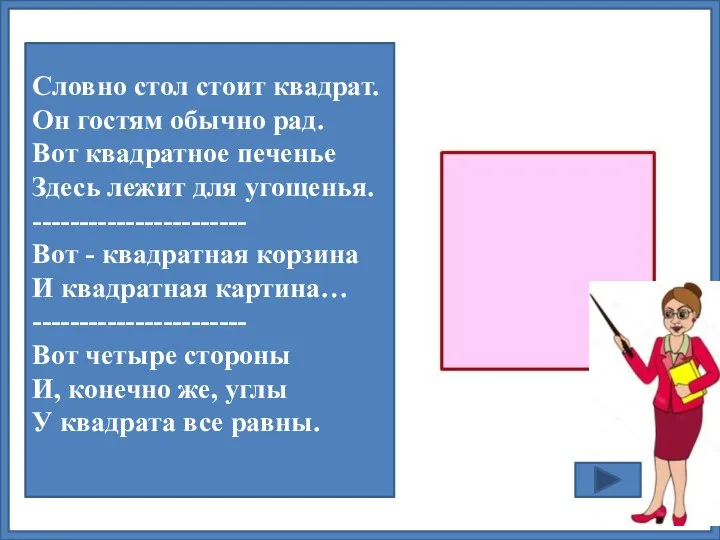 Словно стол стоит квадрат. Он гостям обычно рад. Вот квадратное печенье Здесь