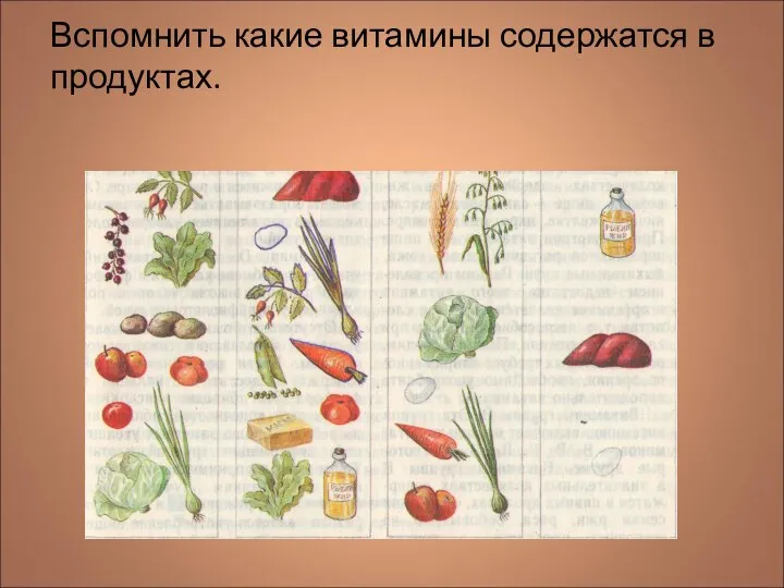 Вспомнить какие витамины содержатся в продуктах.