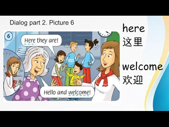 Dialog part 2. Picture 6 here welcome 这里 欢迎