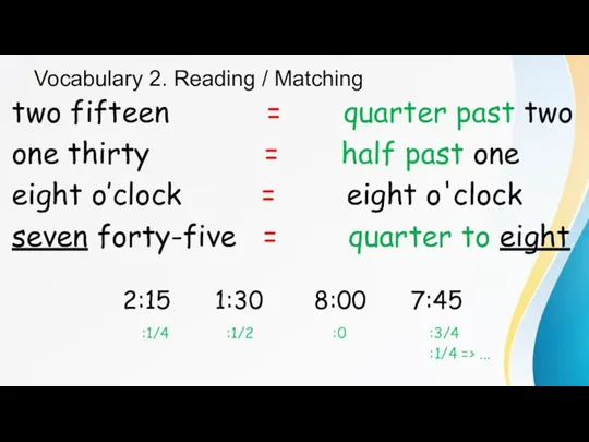 Vocabulary 2. Reading / Matching two fifteen = quarter past two one