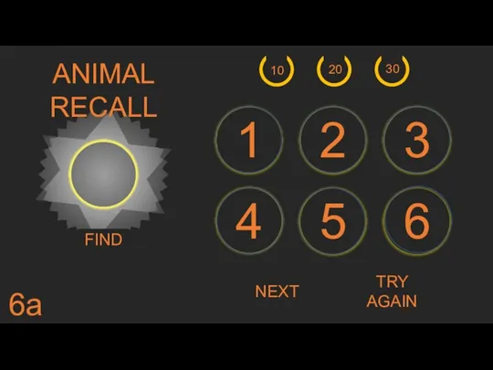 6 5 4 3 2 1 NEXT FIND 20 30 10 TRY AGAIN ANIMAL RECALL 6a