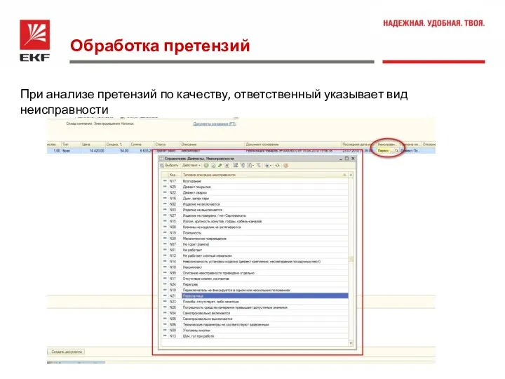 Обработка претензий При анализе претензий по качеству, ответственный указывает вид неисправности