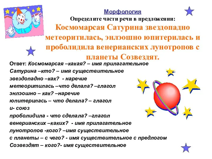 Морфология Определите части речи в предложении: Космомарсая Сатурина звездопадно метеоритилась, энлэошно юпитерилась