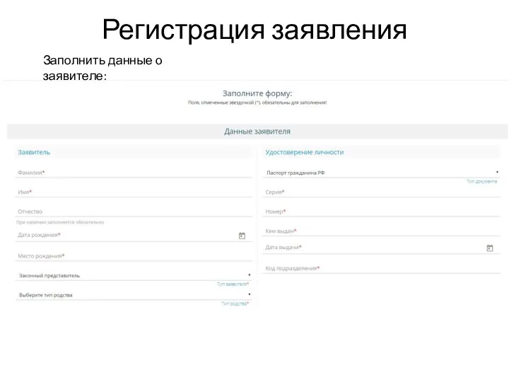 Регистрация заявления Заполнить данные о заявителе: