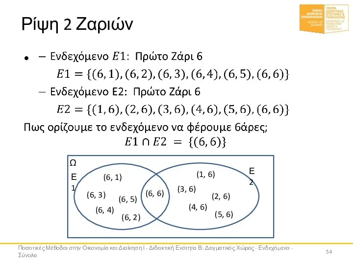 Ρίψη 2 Ζαριών (3, 6) Ποσοτικές Μέθοδοι στην Οικονομία και Διοίκηση Ι