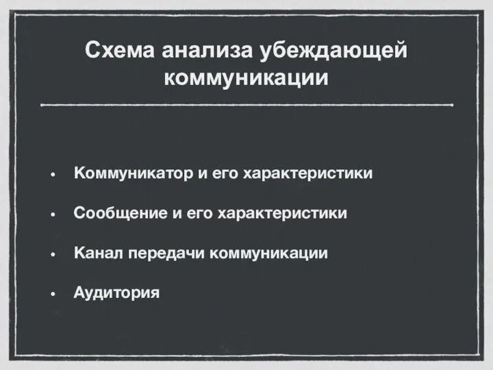 Схема анализа убеждающей коммуникации Коммуникатор и его характеристики Сообщение и его характеристики Канал передачи коммуникации Аудитория