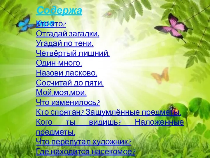 Содержание Кто это? Отгадай загадки. Угадай по тени. Четвёртый лишний. Один-много. Назови