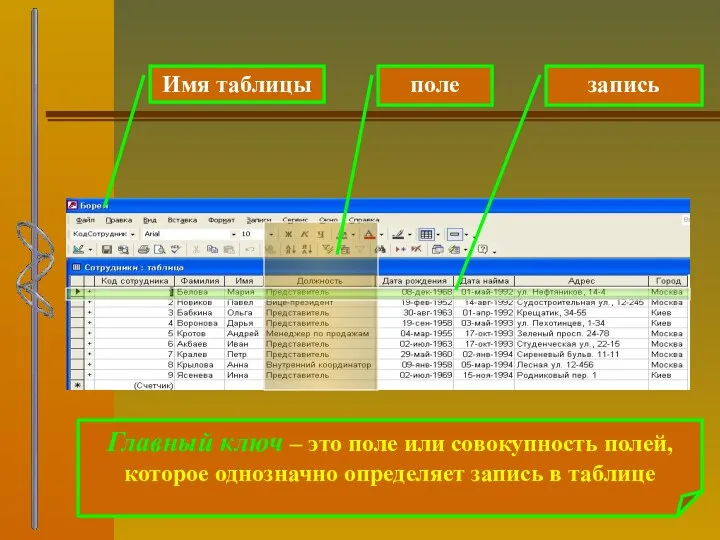 Имя таблицы поле запись Главный ключ – это поле или совокупность полей,