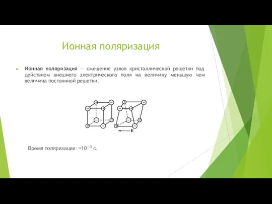 Ионная поляризация Ионная поляризация — смещение узлов кристаллической решетки под действием внешнего