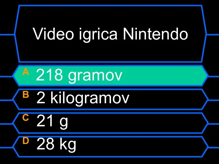 Video igrica Nintendo A 218 gramov B 2 kilogramov C 21 g D 28 kg