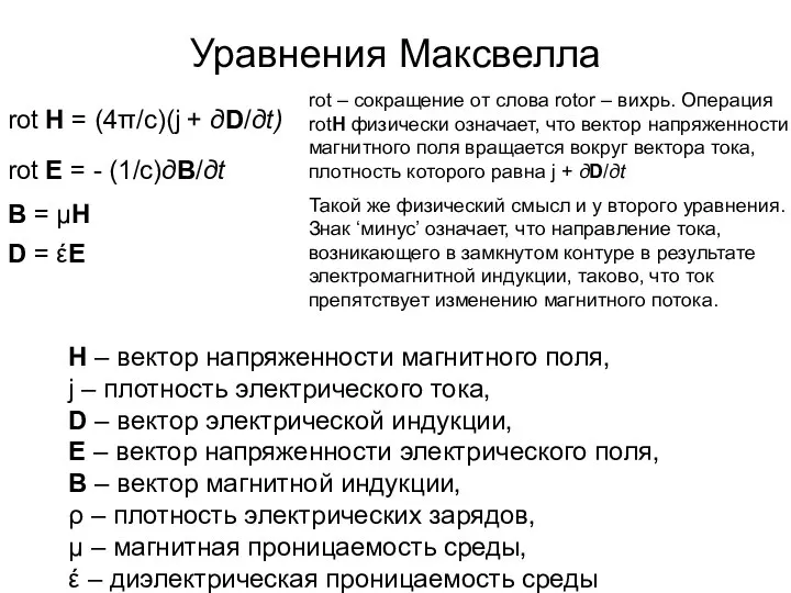 Уравнения Максвелла rot H = (4π/c)(j + дD/дt) rot E = -