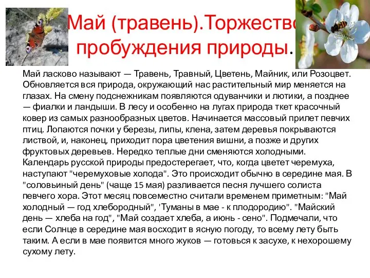 Май (травень).Торжество пробуждения природы. Май ласково называют — Травень, Травный, Цветень, Майник,