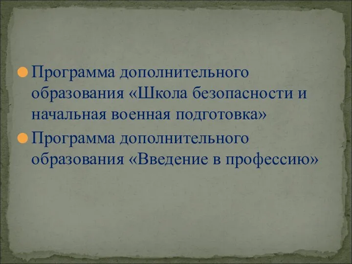 Программа дополнительного образования «Школа безопасности и начальная военная подготовка» Программа дополнительного образования «Введение в профессию»