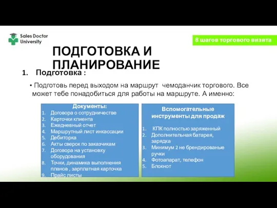 ПОДГОТОВКА И ПЛАНИРОВАНИЕ Подготовка : Документы: Договора о сотрудничестве Карточки клиента Ежедневный